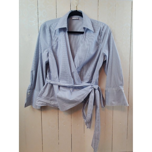 Wrap London Tops - Womens Y2K Pinstripe Wrap Blouse Tie Waist Studio Style 3/4 Sleeve Business Size